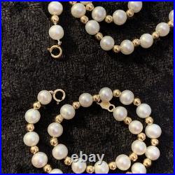 2 Pc Set 14k Yellow Gold Beads Natural Genuine White Pearls Necklace & Bracelet
