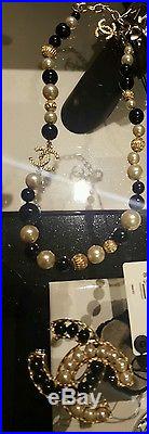 2 Piece CHANEL Black White & Gold CC Pearl Necklace & Pin Brooch Set NWT