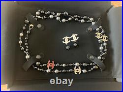 2 Piece SET AUTHENTIC Chanel Black and Grey CC Pearl Necklace and CC Earrings