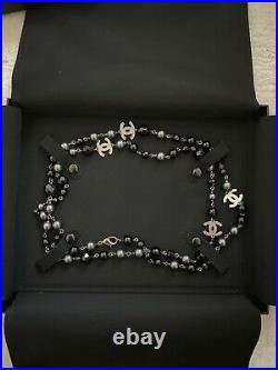 2 Piece SET AUTHENTIC Chanel Black and Grey CC Pearl Necklace and CC Earrings