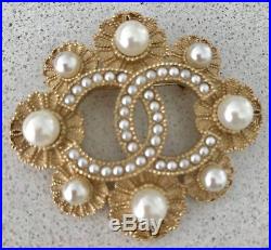 2016 CHANEL Timeless Classic Large Gold PEARL CC Pin BROOCH+EARRINGS SET