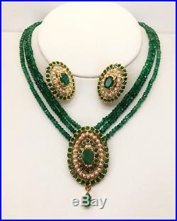 21k Yellow Gold Emerald Multi Strand, Pearl Jadau Necklace & Earrings Set Vintage