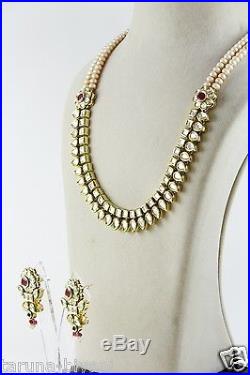 22 Freshwater Peach Pearls Leaf Shape Gold Plated CZ Polki Kundan Necklace Set