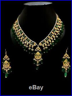 22 K Gold Kundan Meena Diamond Polki Emerald Pearl Handmade Necklace Set Jewelry