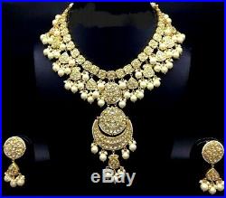 22 K Gold Kundan Meena Diamond Polki Pearl Handmade Necklace Earring Set Jewelry