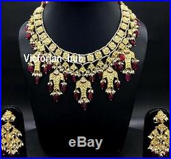 22 K Gold Kundan Meena Diamond Polki Ruby Pearl Handmade Necklace Set Jewelry