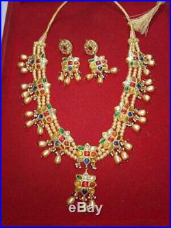 22 K Gold Kundan Meena Navratan Gemstone Fine Wedding Necklace Jewelry Set