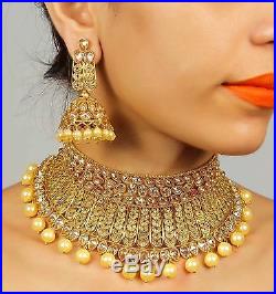 2236 Indian Bollywood Gold Plated Bridal Polki Necklace Set Jewelry