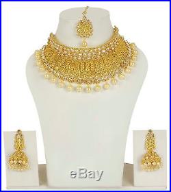 2236 Indian Bollywood Gold Plated Bridal Polki Necklace Set Jewelry