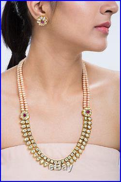 22K Yellow Gold Plated CZ Polki Kundan Peach Pearls Long Necklace Set
