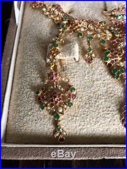 22K Yellow Gold Ruby Emerald And Pearl Necklace Earring And Ring Set 62.95gScrap