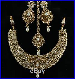 22ct GOLD PLATED AMERICAN DIAMOND & PEARL 4-PIECE ANTIQUE INDIAN HEAVY SET BNWT
