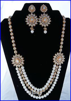 22ct Gold Plated Pearl & American Diamond Kundan Haar 3-Piece Handmade Set BNWT