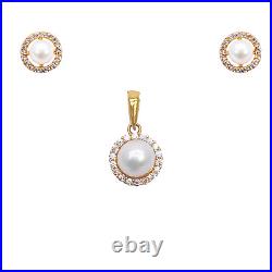 22ct Yellow Gold Round Freshwater Pearl Halo Pendant and Round Earrings Set