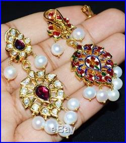 22k 18k Gold Ruby Tourmaline Pearl Diamond Enamel Peacock Necklace Earring Set