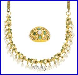 22k Gold Solid Necklace + Ring Set White Green Gems Pearls emeralds Antique