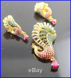 22k Solid Gold Natural Ruby Emerald Pearl PEACOCK Pendant Set Earrings S33