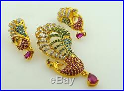 22k Solid Gold Natural Ruby Emerald Pearl PEACOCK Pendant Set Earrings S33