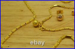 22k+ Yellow Gold Baht Bar Link Necklace Bracelet & Bead Stud Earring Set #d3015