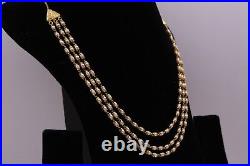 22k Yellow Gold Chain Necklace With Real Pearl 3 Line Layer Necklace Wedding Set