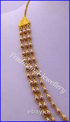 22k Yellow Gold Chain Necklace With Real Pearl 3 Line Layer Necklace Wedding Set