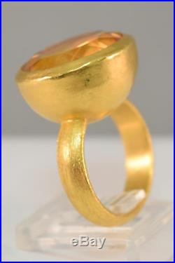 24k Yellow Gold Bezel Citrine Cocktail Ring & Drop Earrings Set