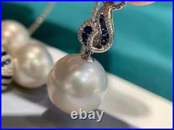 2Ct Lab Created Sapphire & Pearls Ring Pendant Set 14K White Gold Plated Silver