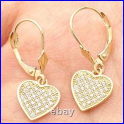 2Ct Pave Set 14K Yellow Gold Heart Dangle Leverback Earrings