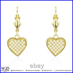 2Ct Pave Set 14K Yellow Gold Heart Dangle Leverback Earrings