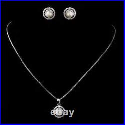 2Ct Round White Pearl Halo Women's Earring Necklace Set 14K White Gold Plated
