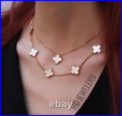2P Rose Gold Necklaces Set White Mother Of Pearl Four Leaf Clover Flower Motif