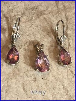 3. 14K Gold Pink Elbaite Tourmaline Drop Stone Leverback Earrings Pendant set