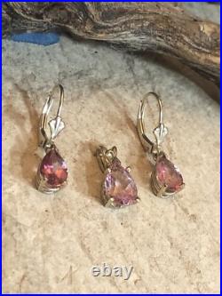 3. 14K Gold Pink Elbaite Tourmaline Drop Stone Leverback Earrings Pendant set