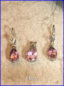 3. 14K Gold Pink Elbaite Tourmaline Drop Stone Leverback Earrings Pendant set