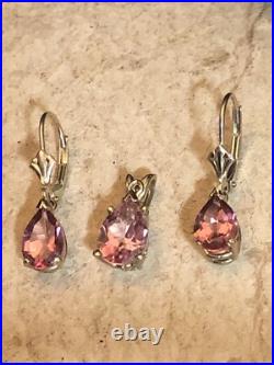 3. 14K Gold Pink Elbaite Tourmaline Drop Stone Leverback Earrings Pendant set