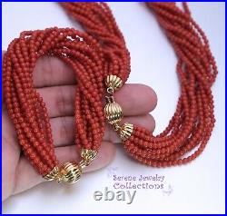 3.3MM Italian Coral Round Bead 18k gold Necklace 16 and Bracelet 7 Set Vintage