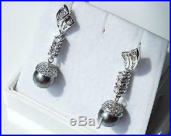 3.50ct Diamond & Black Tahitian Pearl set Pendant Earrings 14K White Gold