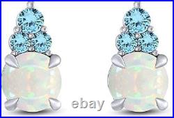 3.75ct Round Natural Opal & Blue Topaz Trio Pendant & Drop Earrings Set Sterling