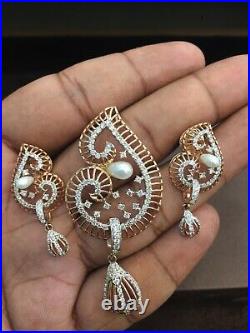 3.92 Cts Round Brilliant Cut Diamonds Pearl Pendant Earrings Set In 14Karat Gold
