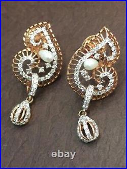 3.92 Cts Round Brilliant Cut Diamonds Pearl Pendant Earrings Set In 14Karat Gold