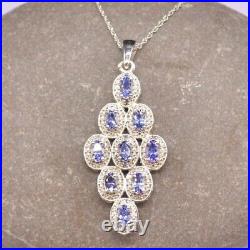 3 Ct Lab-Created Oval Tanzanite Cluster Pendant Set 14k White Gold Plated Silver