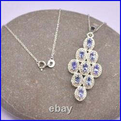 3 Ct Lab-Created Oval Tanzanite Cluster Pendant Set 14k White Gold Plated Silver