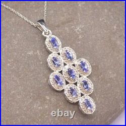 3 Ct Lab-Created Oval Tanzanite Cluster Pendant Set 14k White Gold Plated Silver