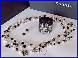 3 Piece CHANEL Black White & Gold CC Pearl Necklace + Cuff + Earrings Set NWT