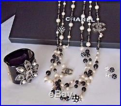3 Piece CHANEL Black White & Gold CC Pearl Necklace + Cuff + Earrings Set NWT