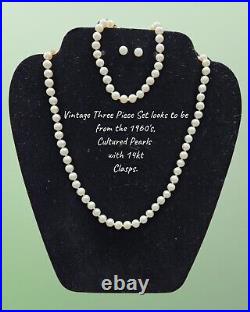 3- Piece Set Cultured Pearls With 14kt Gold Clasps & Gold Post Earrings 1960's