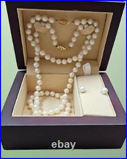 3- Piece Set Cultured Pearls With 14kt Gold Clasps & Gold Post Earrings 1960's