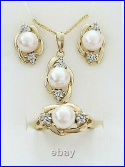 3-Piece Solid 14K Yellow Gold PEARL DIAMOND Ring Earrings Pendant Necklace SET