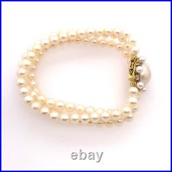 3 Row Cultured Pearl Necklace and Bracelet Set, set in 14ct Gold