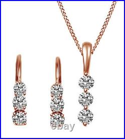 3 Stone Natural Diamond Earrings & Pendant Necklace Set 14K Solid Gold 0.88 Ct